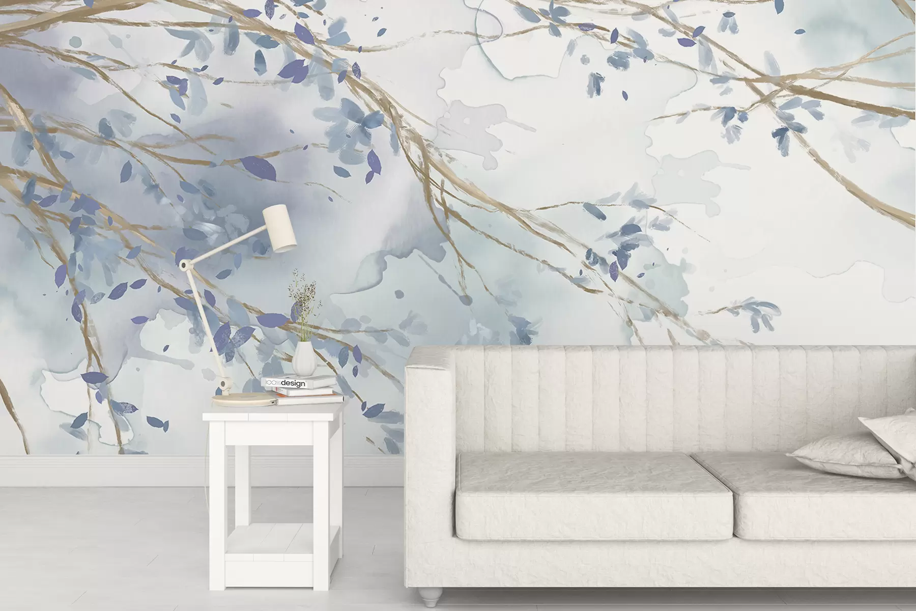 murales de pared Delicadas ramas florales azules y blancas con fondo de acuarela suave y borroso w07919