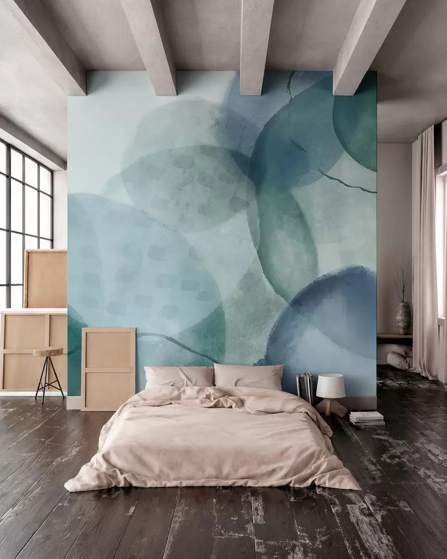 murales de pared Formas abstractas suaves de acuarela en tonos de azul, verde y blanco w07926