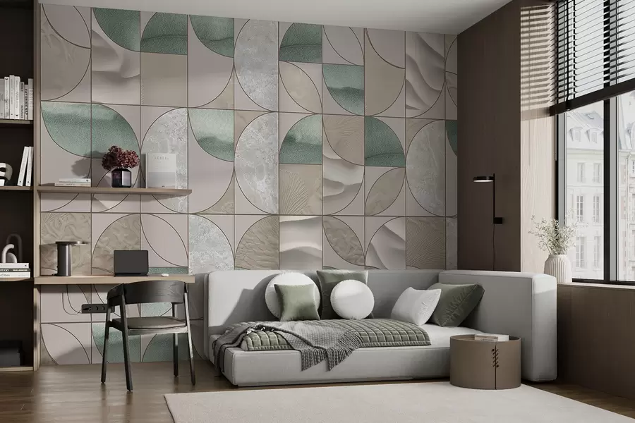 murales de pared Un patrón geométrico de texturas verdes, beige y blancas dispuestas en un diseño abstracto repetitivo w07928