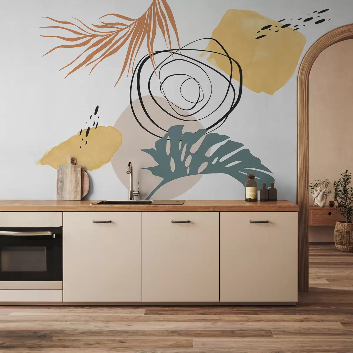 Murales de pared Abstracción boho, monstera tropical y hoja de palma, geométrica, mancha de acuarela, líneas, color azul, rojo, amarillo w07959 murales de pared Abstracción boho, monstera tropical y hoja de palma, geométrica, mancha de acuarela, líneas, color azul, rojo, amarillo w07959