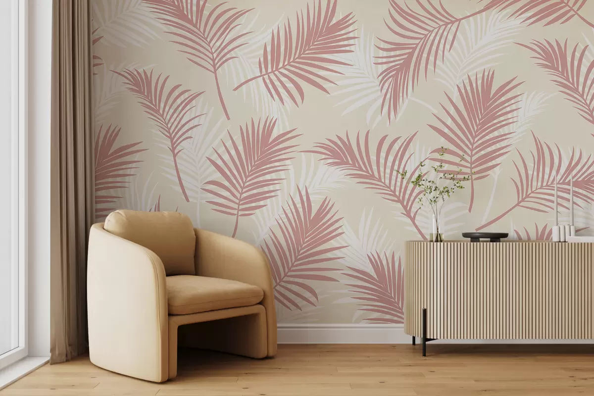 murales de pared Rama de palma tropical, color rosa. w07968v2