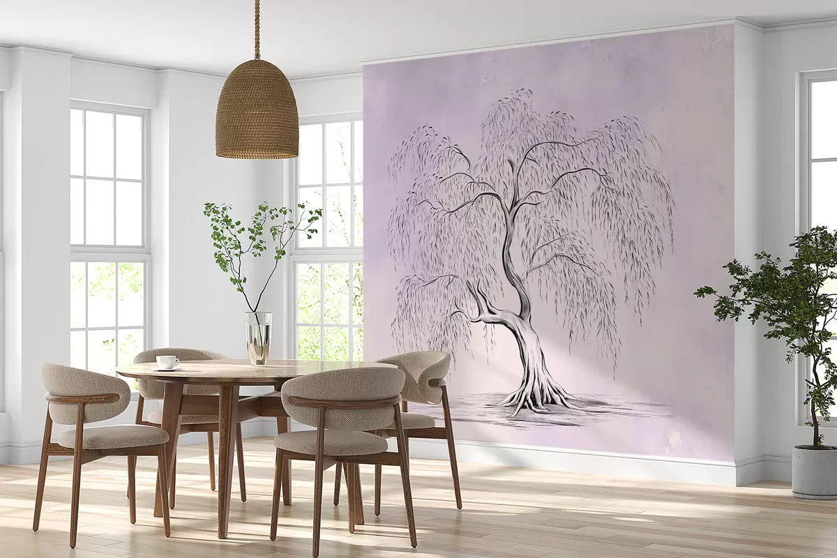 murales de pared Sauce sobre fondo de acuarela gris púrpura w07969v2