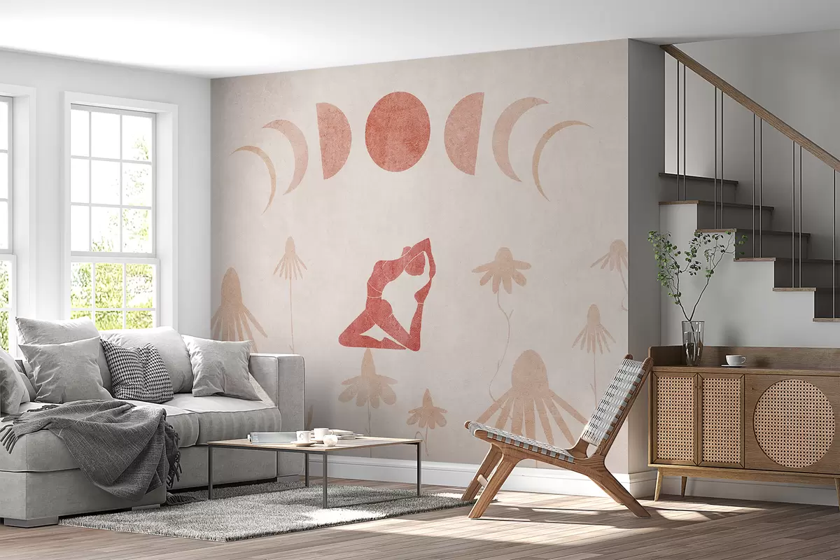 murales de pared Yoga, una niña sentada en una asana bajo las fases de la luna entre margaritas, textura, siluetas, color rojo w07971v2