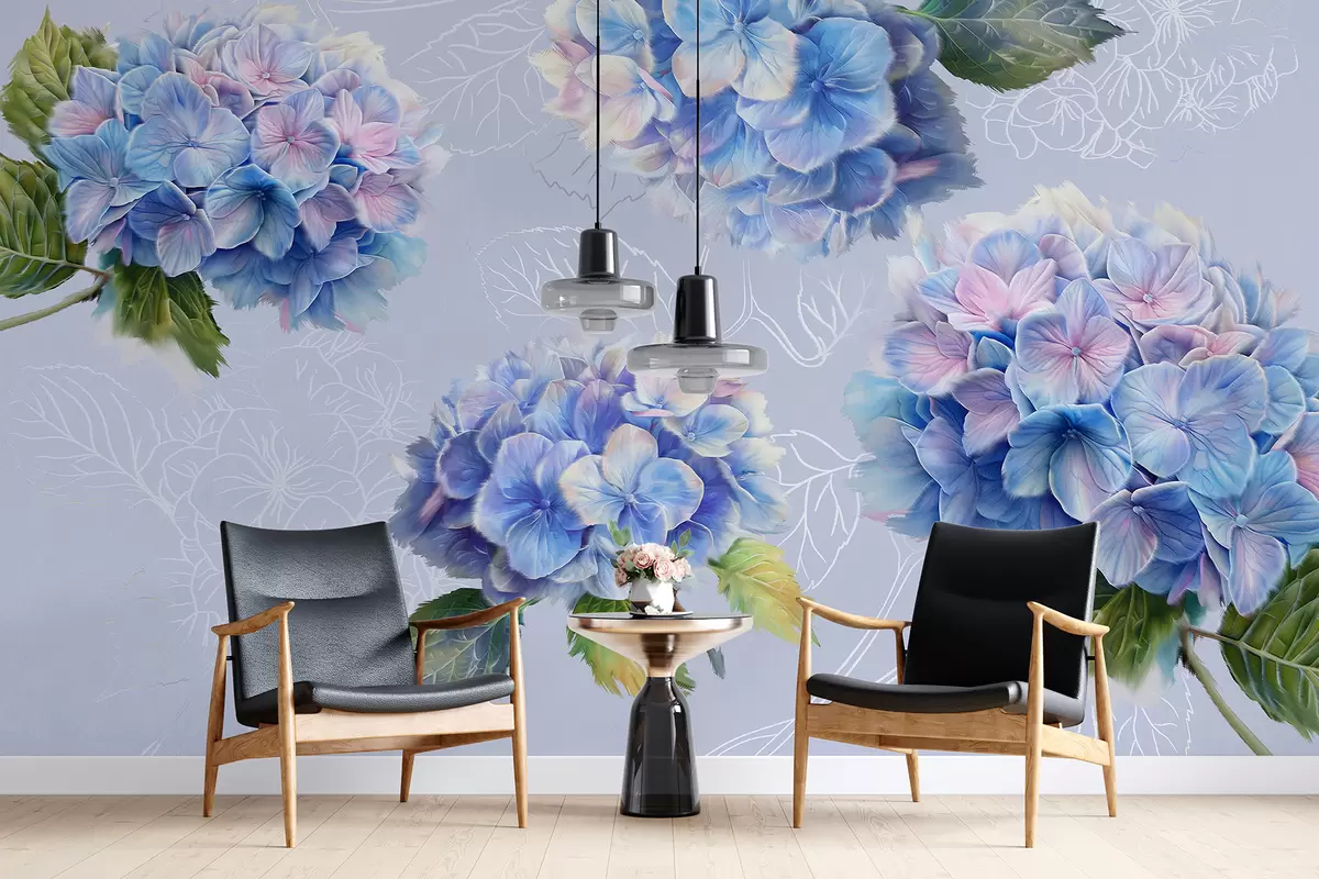 Murales de pared Hortensias, dibujo acrílico, arte lineal, botánico, colores violetas. w07942v5 murales de pared Hortensias, dibujo acrílico, arte lineal, botánico, colores violetas. w07942v5