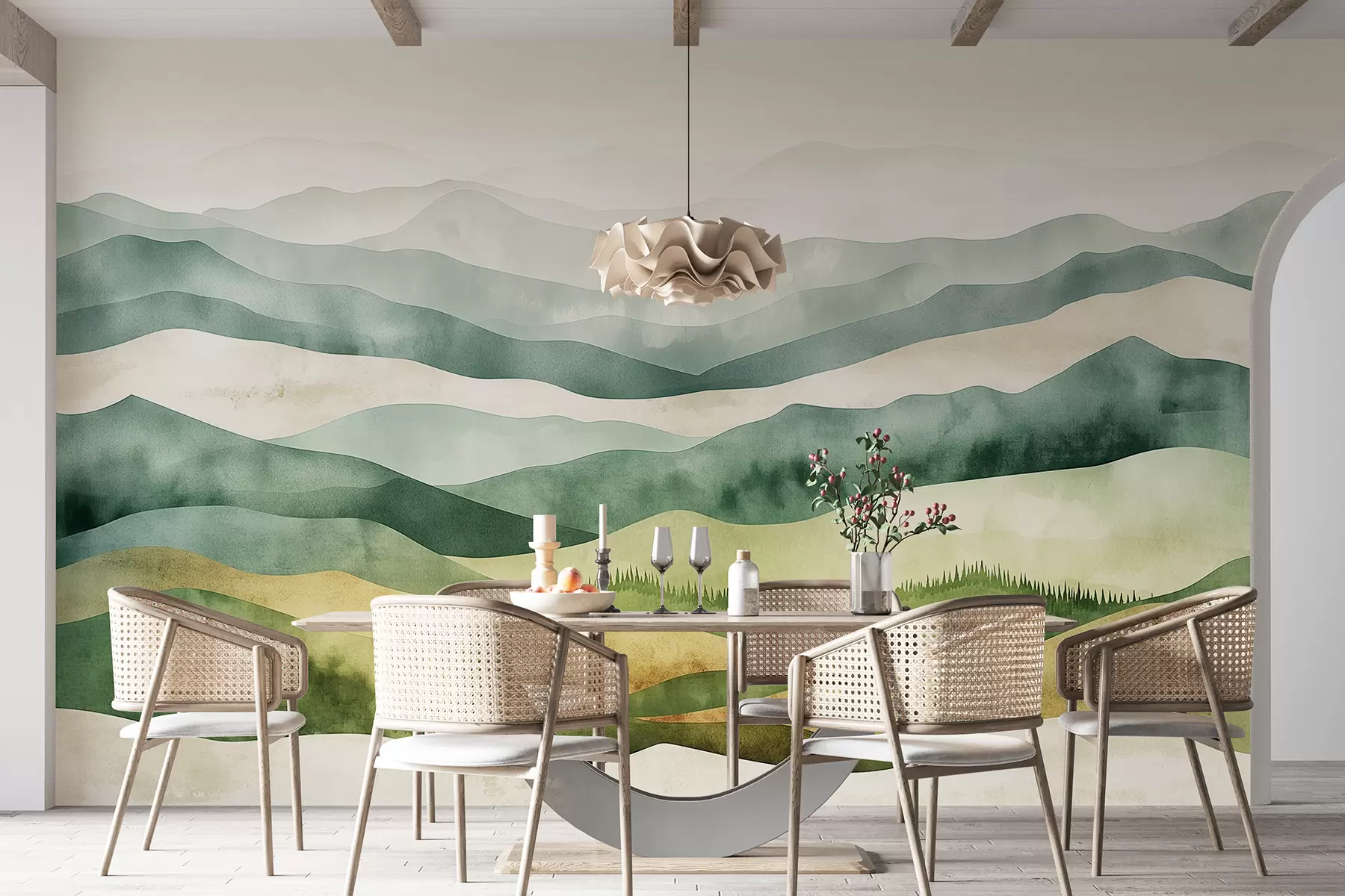 murales de pared Paisajes de montañas acuarelas, bosques, colores verdes y beige naturales. w07950