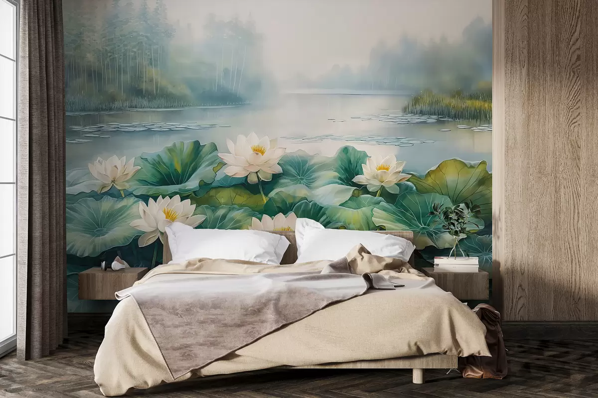 murales de pared Nenúfares, lago del bosque, dibujo acrílico, naturaleza, colores verde y blanco. w07957