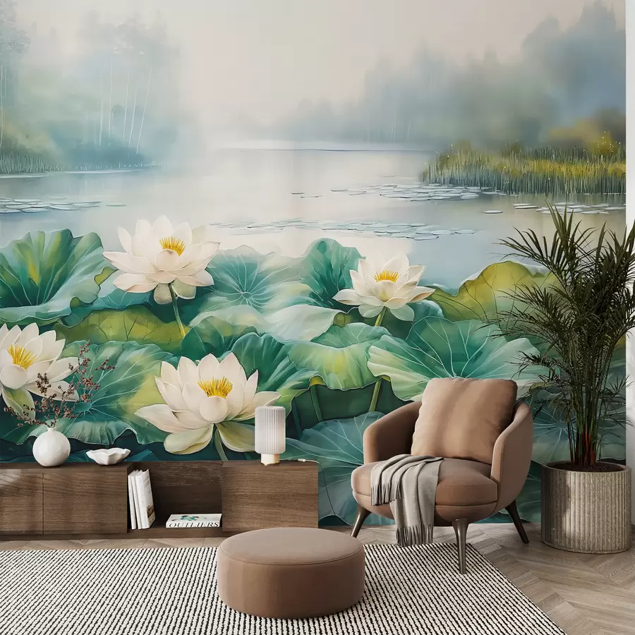 Murales de pared Nenúfares, lago del bosque, dibujo acrílico, naturaleza, colores verde y blanco. w07957 murales de pared Nenúfares, lago del bosque, dibujo acrílico, naturaleza, colores verde y blanco. w07957