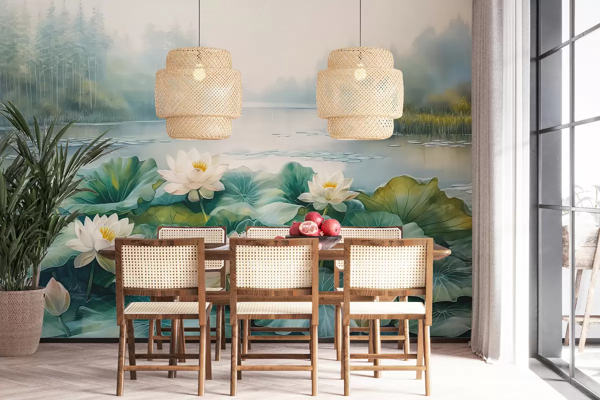 Murales de pared Nenúfares, lago del bosque, dibujo acrílico, naturaleza, colores verde y blanco. w07957 murales de pared Nenúfares, lago del bosque, dibujo acrílico, naturaleza, colores verde y blanco. w07957