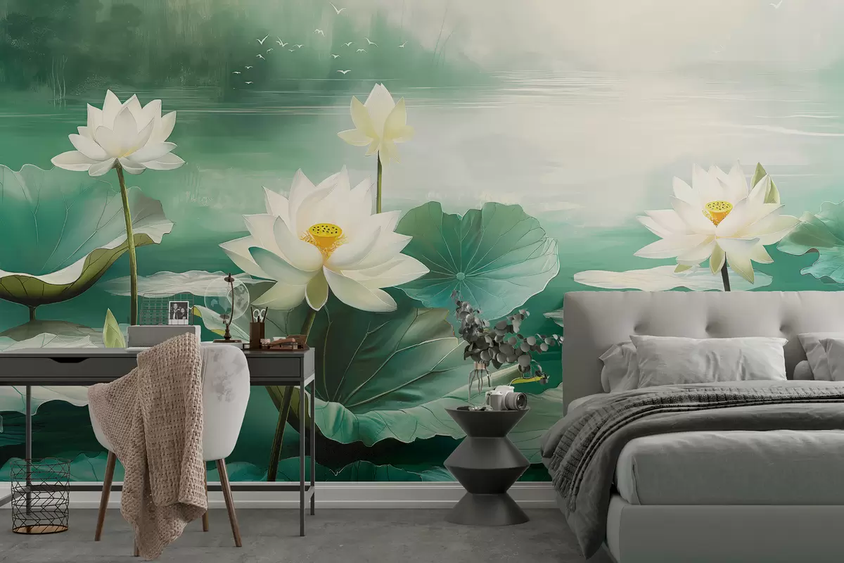 murales de pared Nenúfares en el lago, dibujo acrílico, naturaleza, colores verde y blanco. w07958