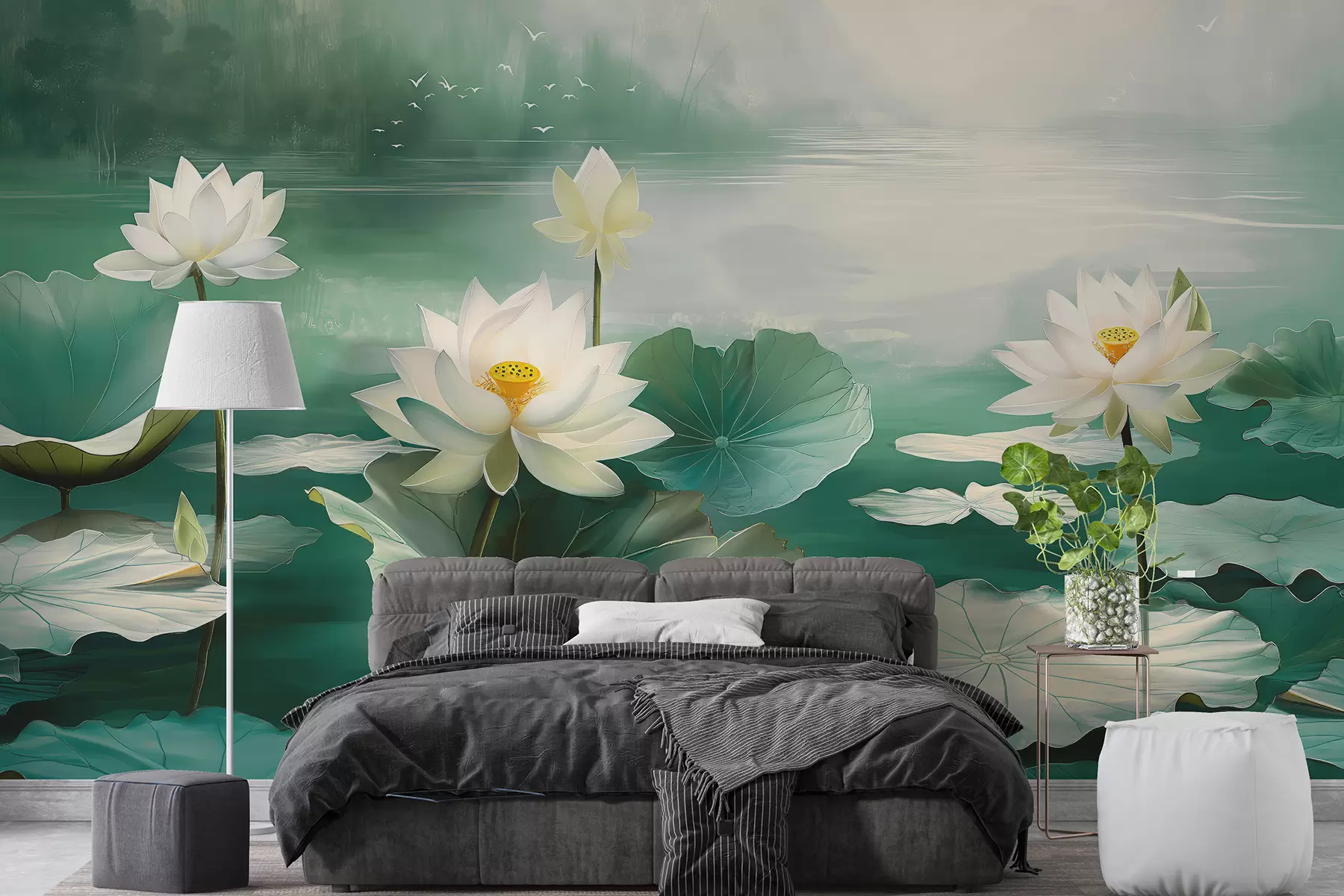murales de pared Nenúfares en el lago, dibujo acrílico, naturaleza, colores verde y blanco. w07958