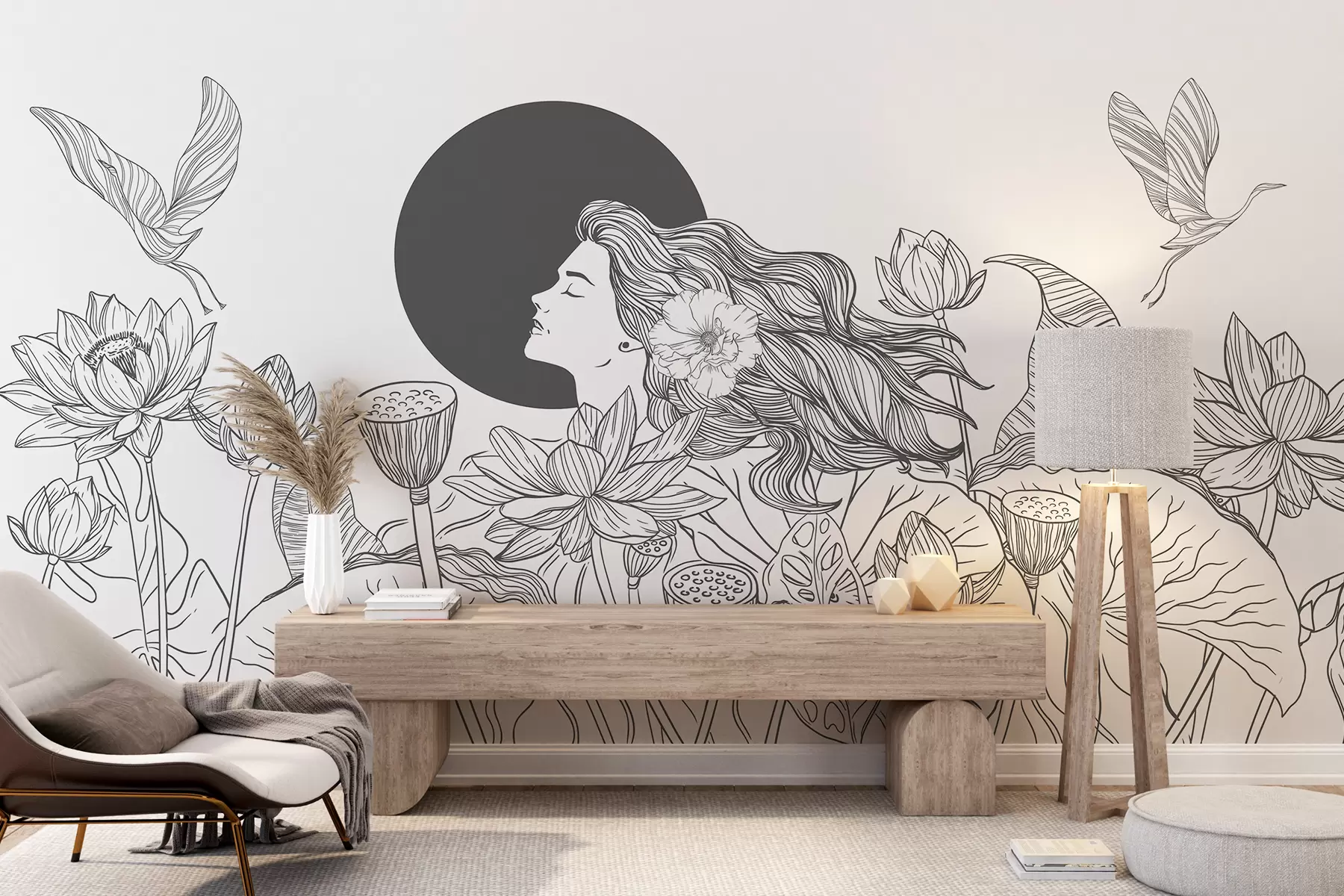 murales de pared Mujer en la naturaleza, dibujo lineal, flores de loto, hojas grandes, pájaros voladores, color gris w07988v2