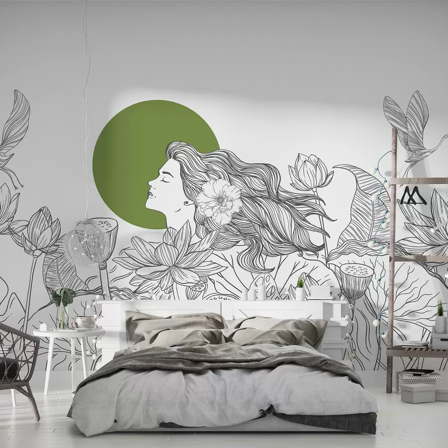 murales de pared Mujer en la naturaleza, dibujo lineal, flores de loto, hojas grandes, pájaros voladores, color gris y verde w07988v3