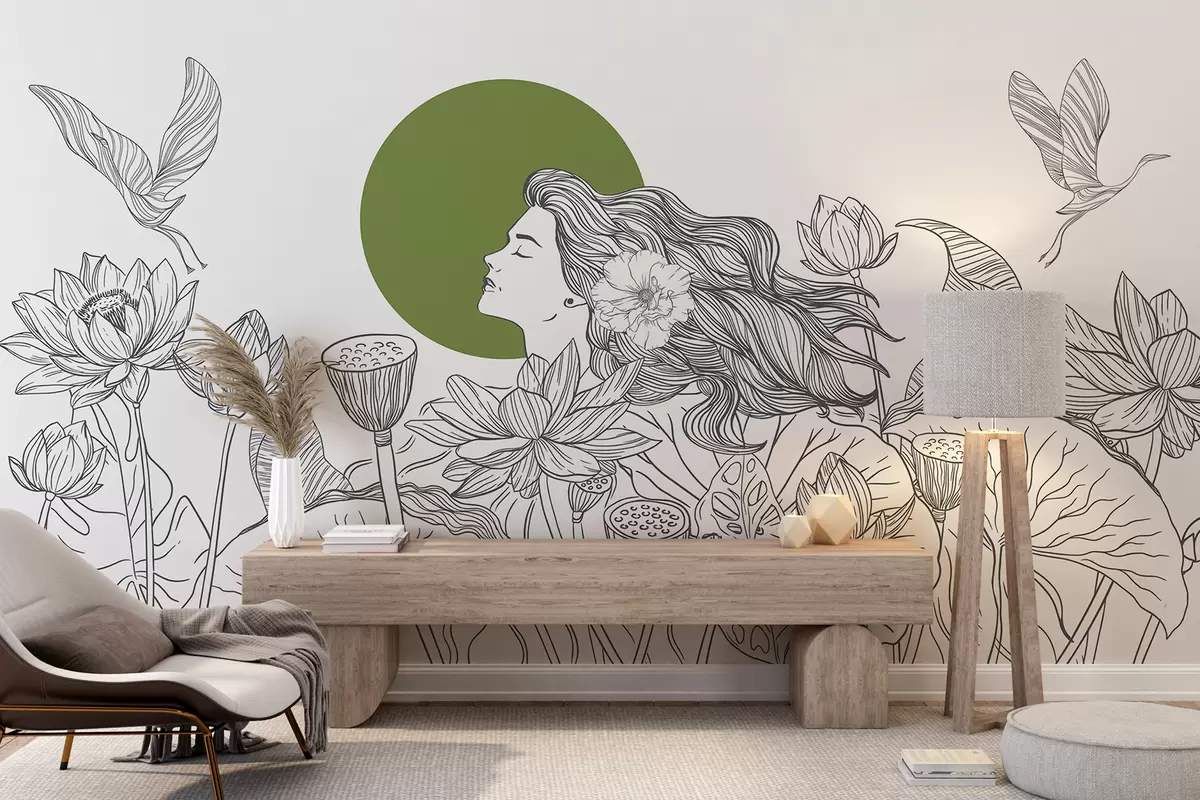 murales de pared Mujer en la naturaleza, dibujo lineal, flores de loto, hojas grandes, pájaros voladores, color gris y verde w07988v3