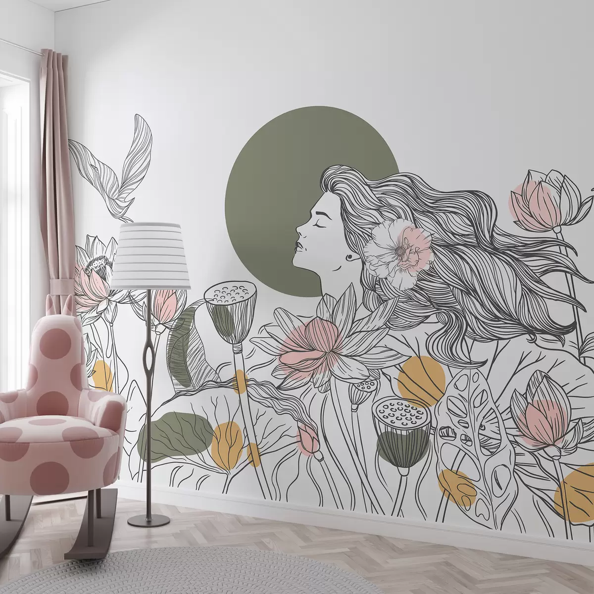 Murales de pared Mujer en la naturaleza, dibujo lineal, flores de loto, hojas grandes, pájaros voladores, colores pastel w07988v6 murales de pared Mujer en la naturaleza, dibujo lineal, flores de loto, hojas grandes, pájaros voladores, colores pastel w07988v6