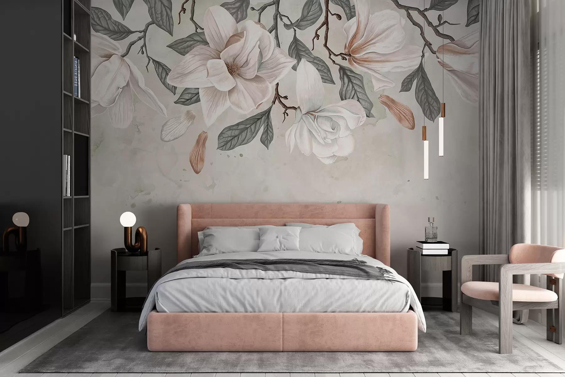 murales de pared Delicadas flores de magnolia rosa y blanca con hojas verdes sobre un fondo claro, una composición floral suave w07977