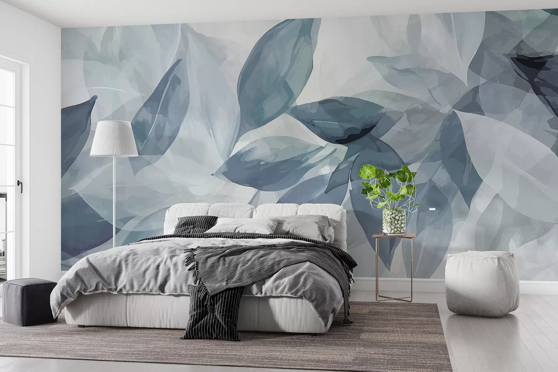 murales de pared Hojas de acuarela suaves en gris y blanco con un fondo etéreo y borroso w07981