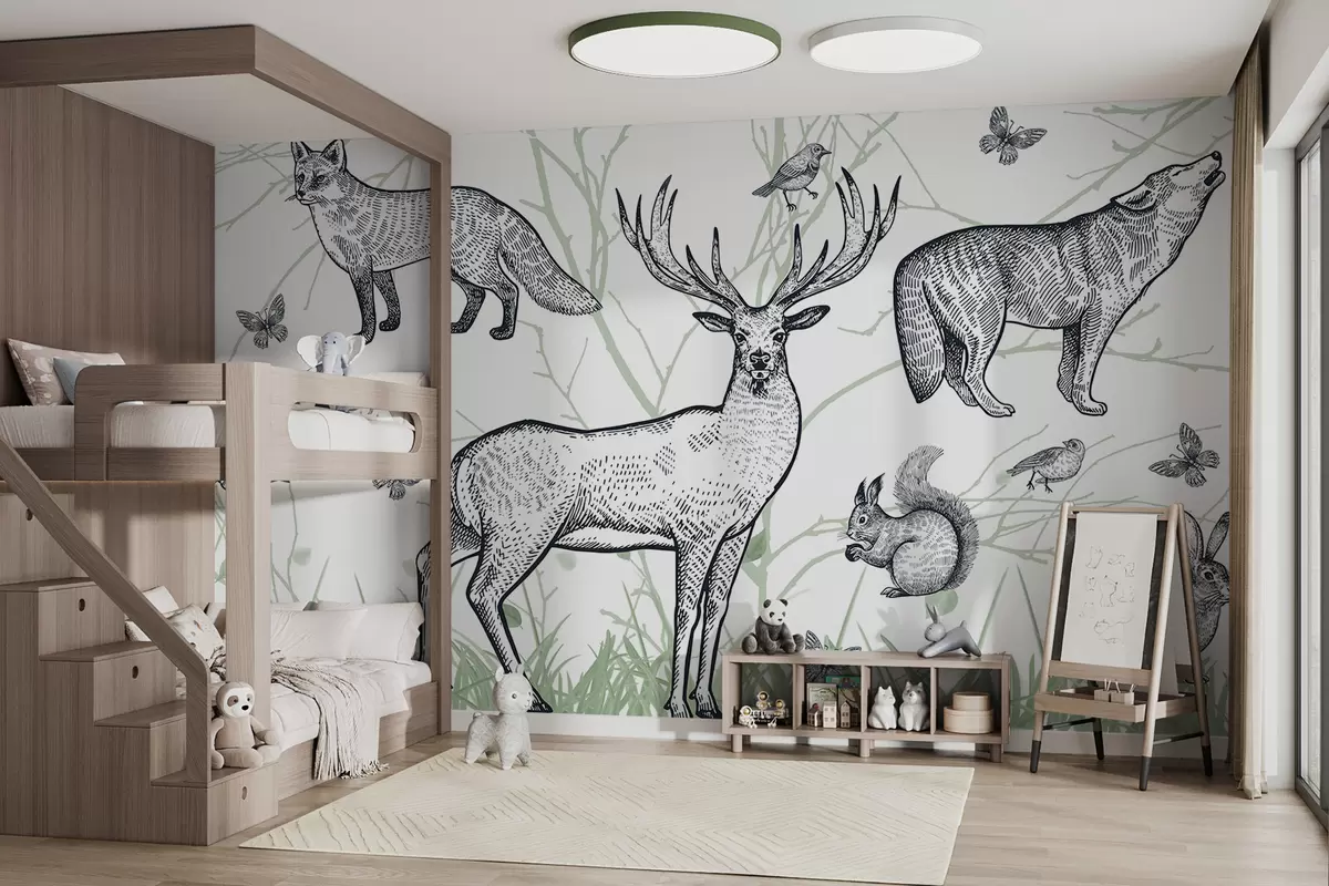 murales de pared Una impresión infantil en blanco y negro de animales del bosque, incluidos un ciervo, un zorro y una ardilla en un entorno cubierto de hierba. w07983