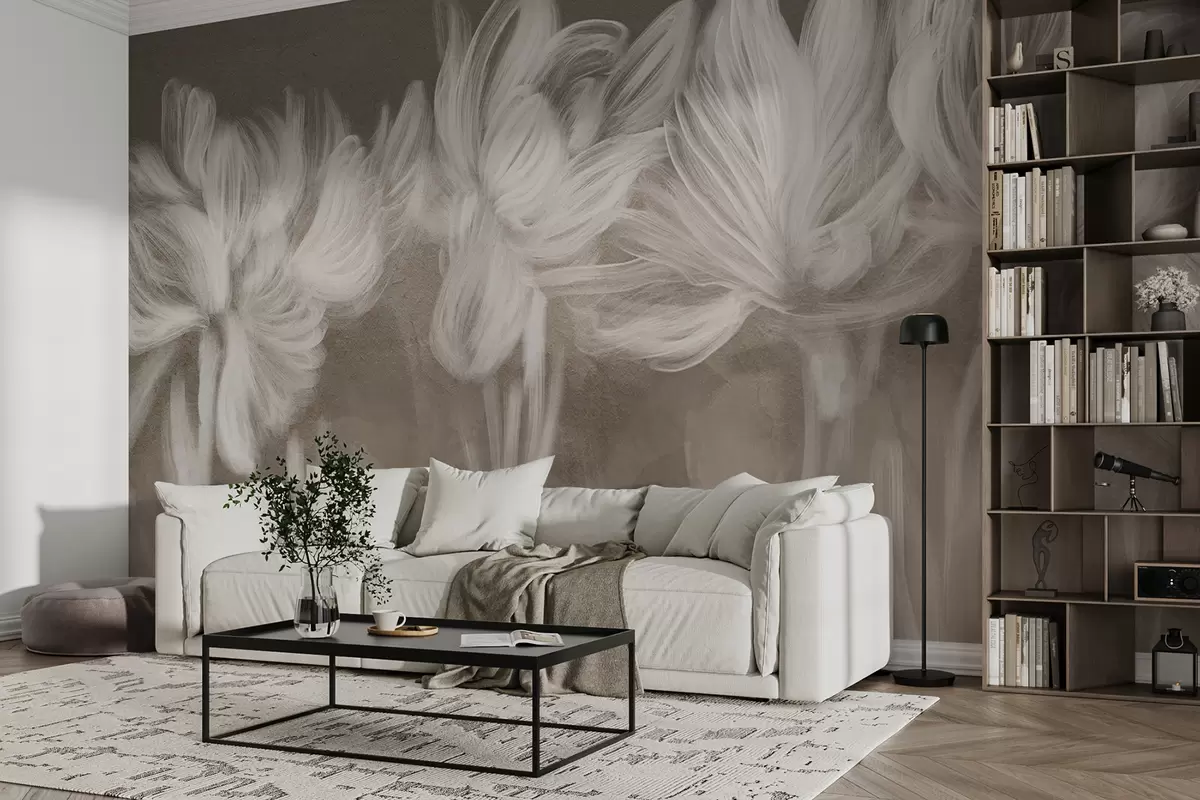 murales de pared Suave minimalismo siluetas florales blancas transparentes sobre fondo de textura marrón  w07986