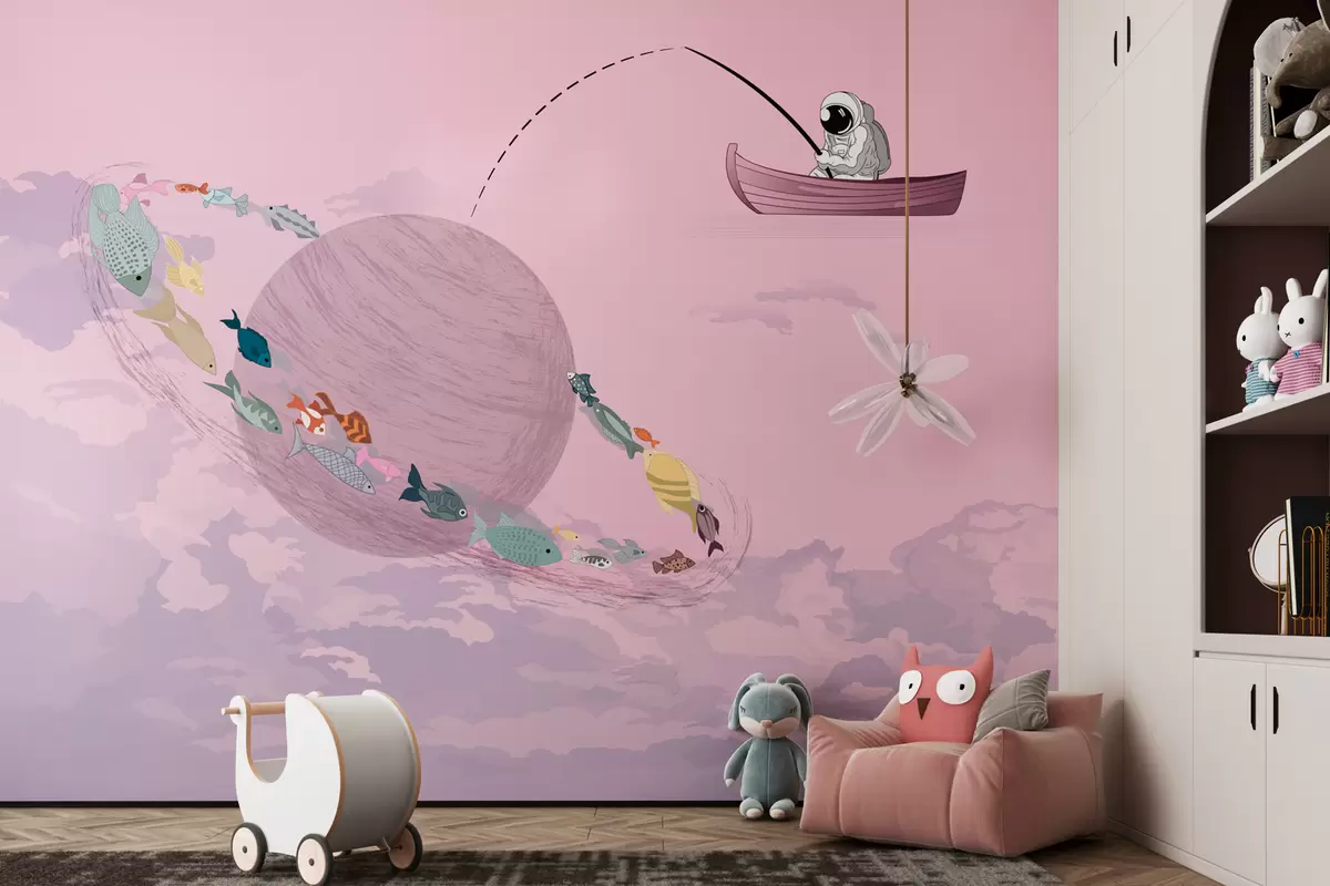 murales de pared Luna astronauta y pez en rosa. w00869v2
