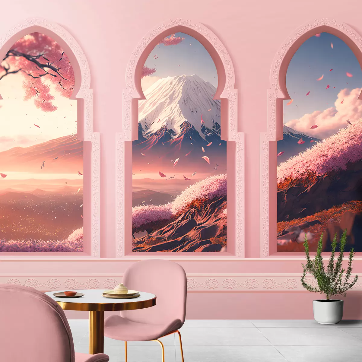 Murales de pared Grandes ventanales de estilo oriental con impresionantes vistas del Monte Fuji en suave color melocotón w08082 murales de pared Grandes ventanales de estilo oriental con impresionantes vistas del Monte Fuji en suave color melocotón w08082