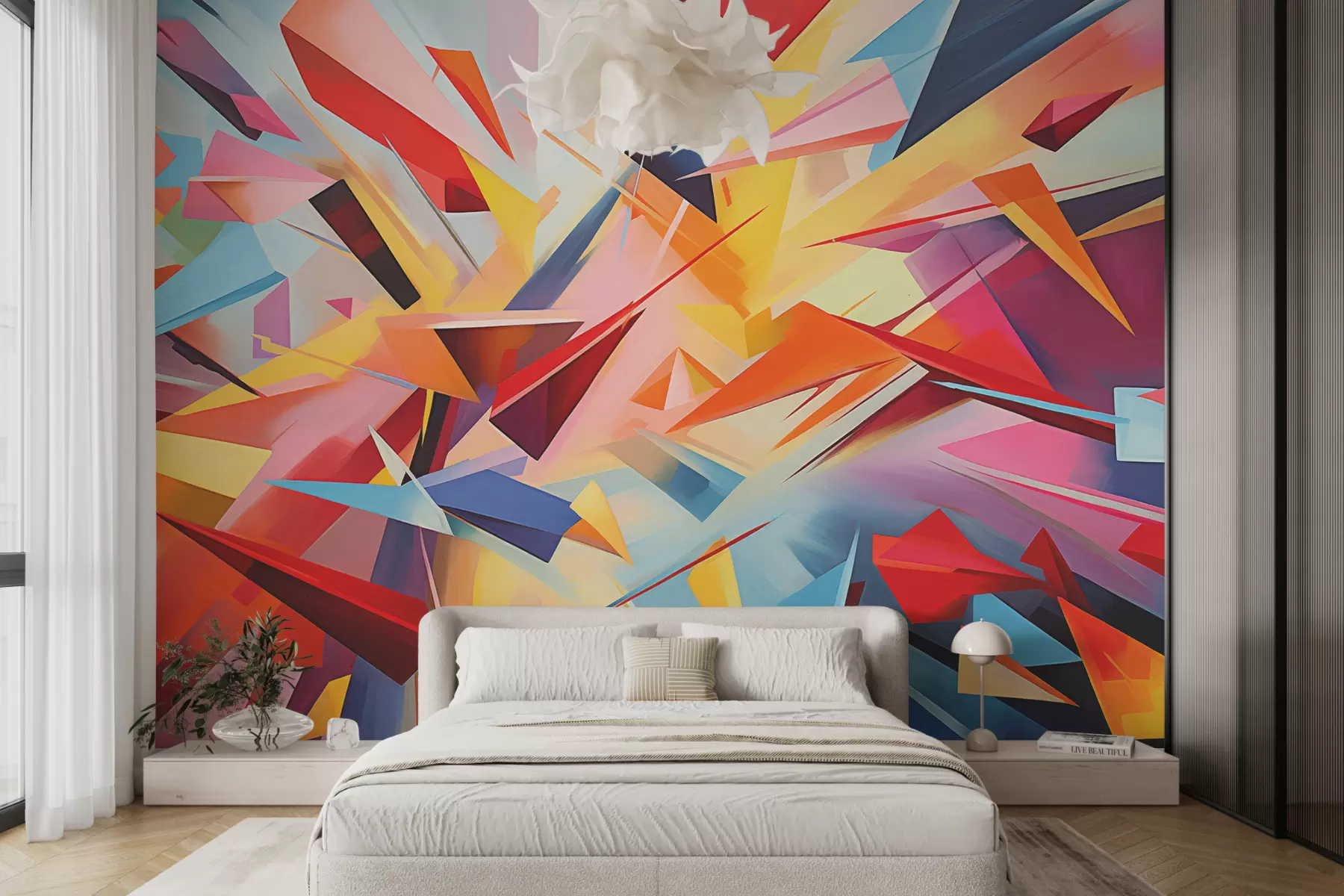 murales de pared Abstracción caótica de formas geométricas, rosa, azul, amarillo. w08030