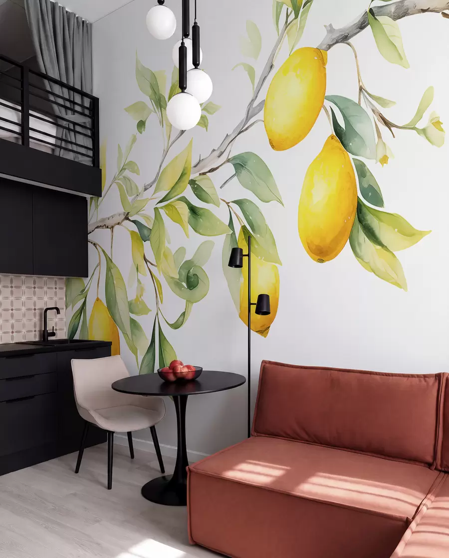 murales de pared Rama de acuarela con hojas y frutos de limón w08096