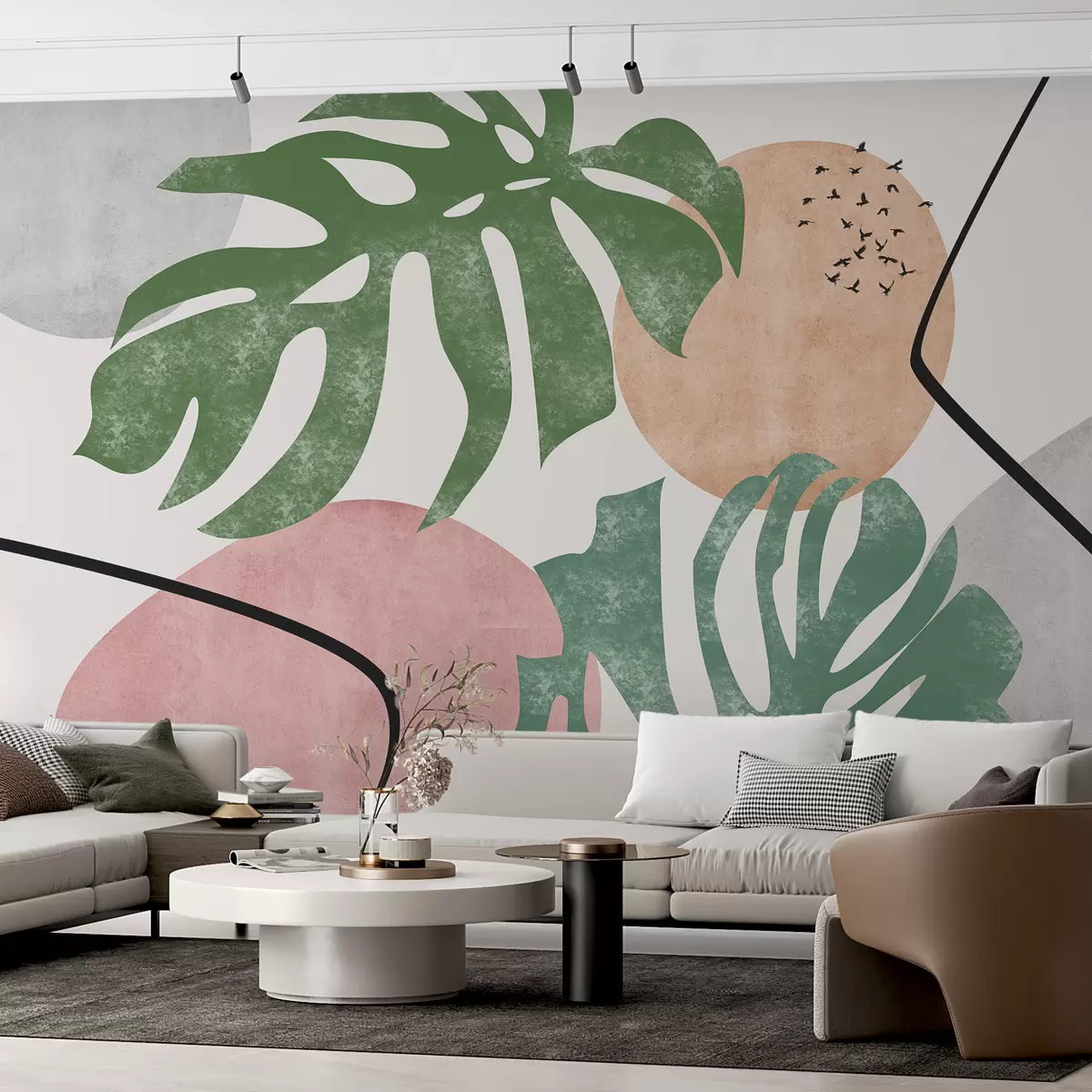 Murales de pared Hojas texturizadas de monstera tropical, manchas geométricas, color rosa, verde w08098 murales de pared Hojas texturizadas de monstera tropical, manchas geométricas, color rosa, verde w08098