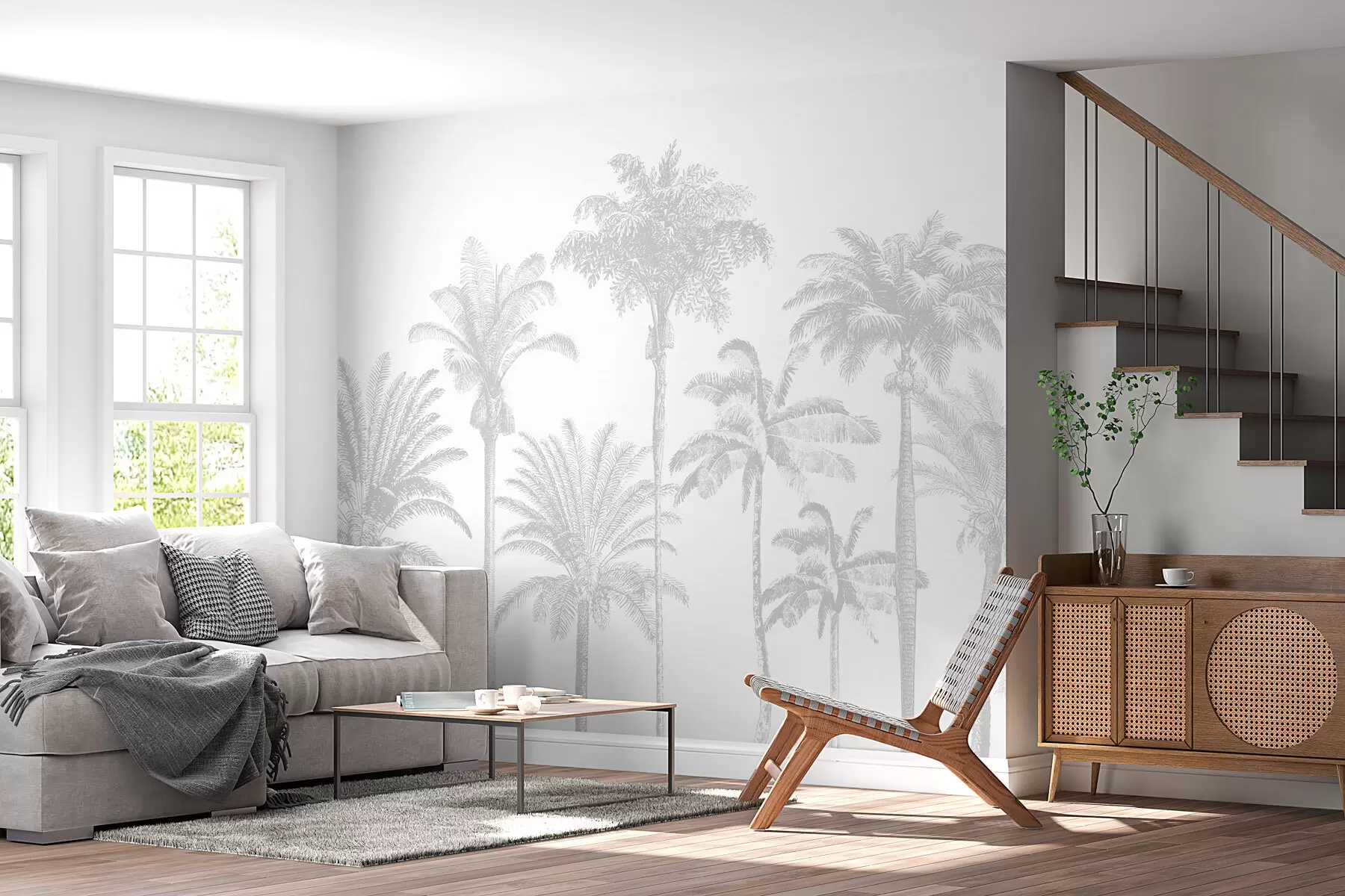 murales de pared Oasis de palmeras tropicales de color gris mínimo. w08111v2