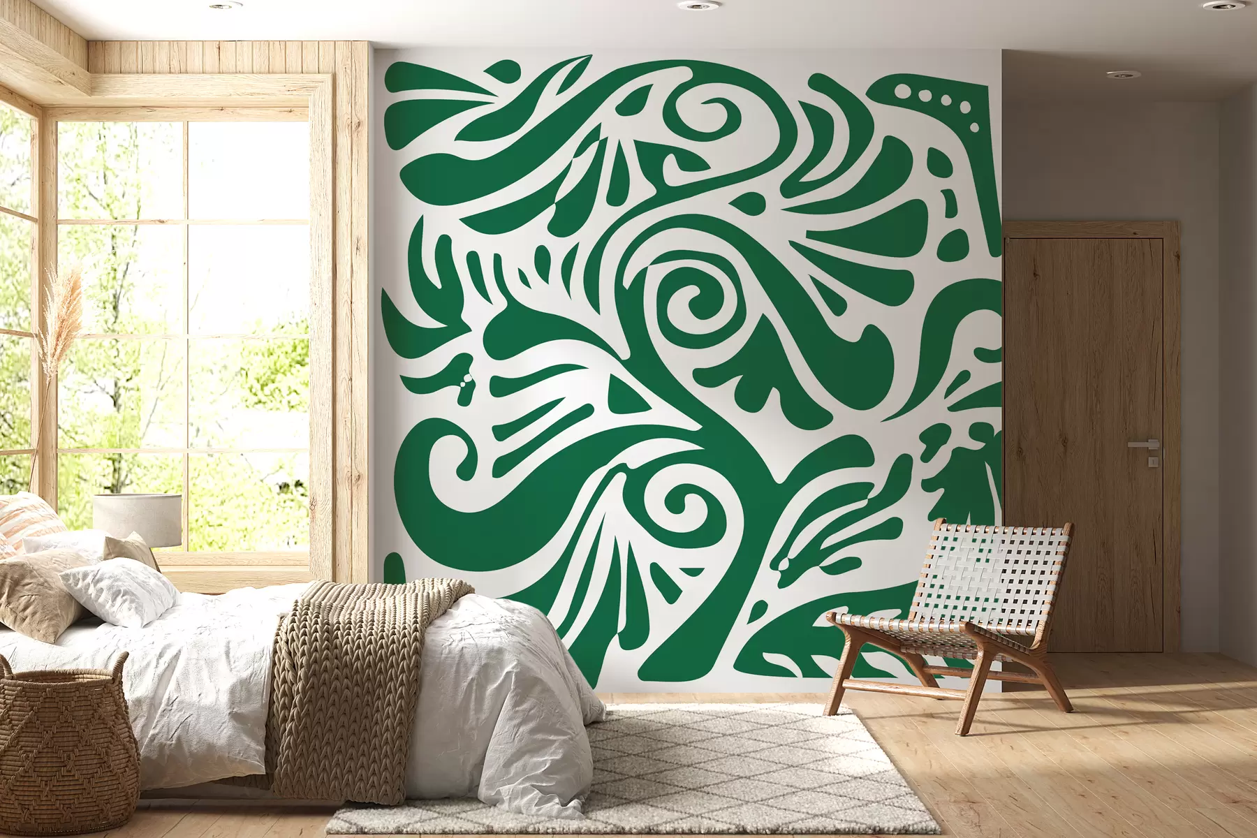 murales de pared papel pintado de arte abstracto verde con grandes motivos florales en estilo boho w08139v2