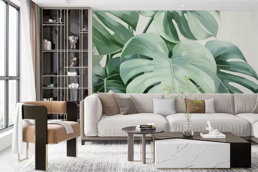 murales de pared Grandes hojas verdes de monstera tropical. w08116