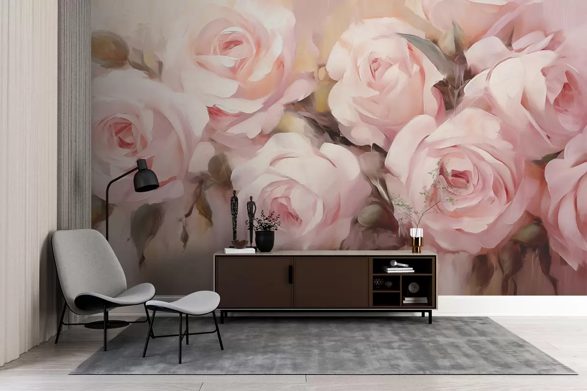 murales de pared Rosas rosadas sobre fondo rosa pintura al óleo w08119