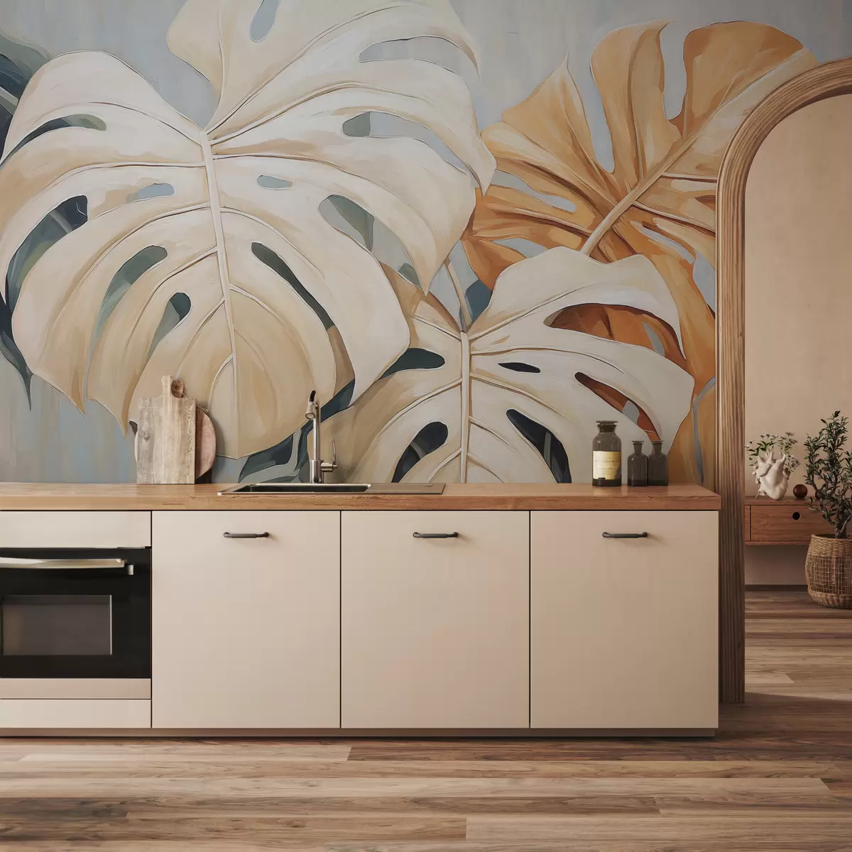 Murales de pared Hojas de monstera, color azul, blanco, naranja. w08124 murales de pared Hojas de monstera, color azul, blanco, naranja. w08124