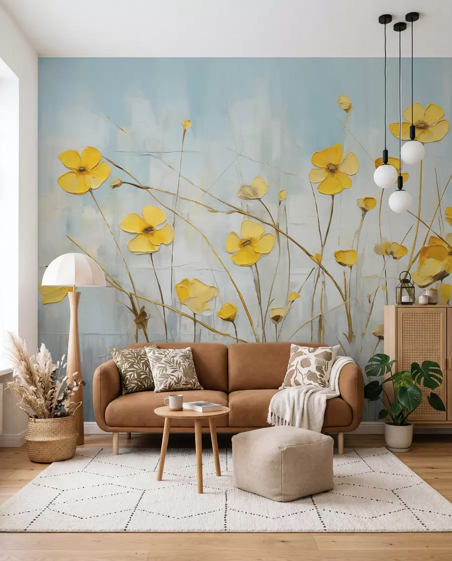 murales de pared Pequeñas flores amarillas sobre pintura al óleo azul w08129
