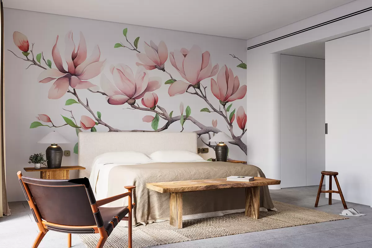 murales de pared Rama con flores de magnolia rosa. w08131
