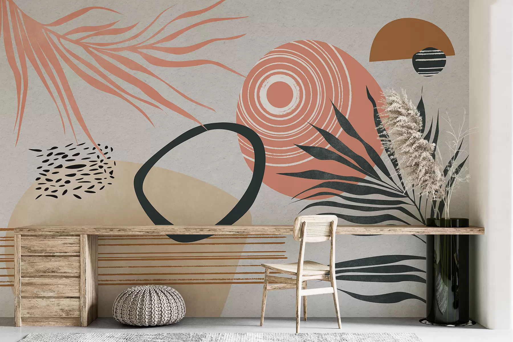 murales de pared Abstracción geométrica con ramas de palma, estilo boho, mancha, rosa, azul, gris, textura de pared w08133