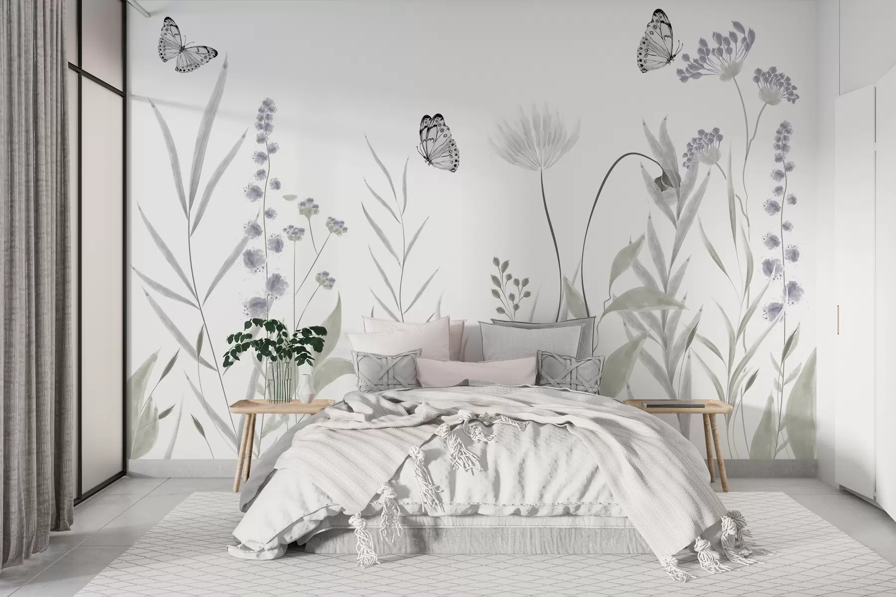 murales de pared Flores silvestres y mariposas w08052