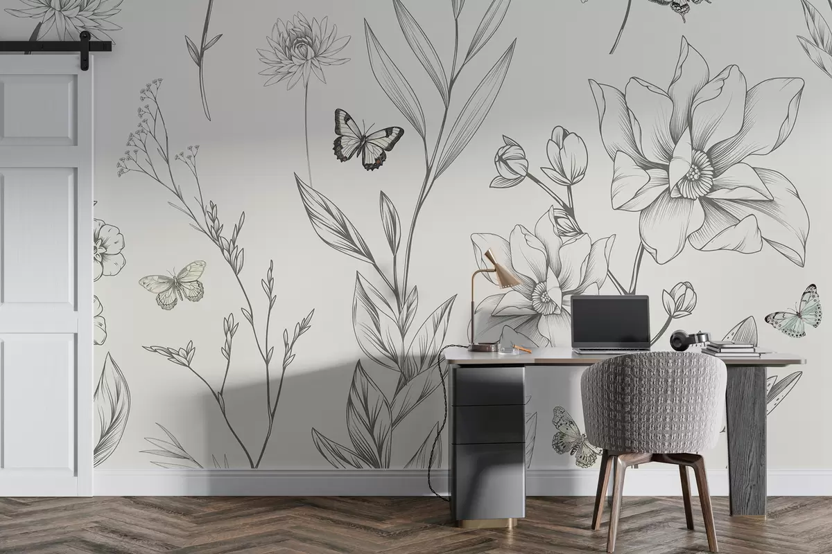 Murales de pared Boho flores y mariposas monocromáticas. w08088 murales de pared Boho flores y mariposas monocromáticas. w08088