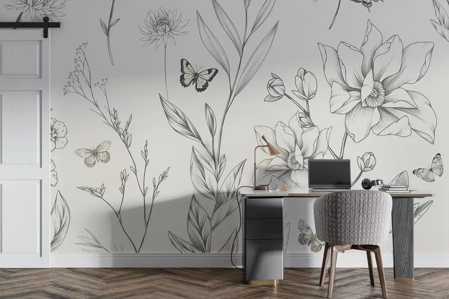 Murales de pared Boho flores y mariposas monocromáticas. w08088 murales de pared Boho flores y mariposas monocromáticas. w08088
