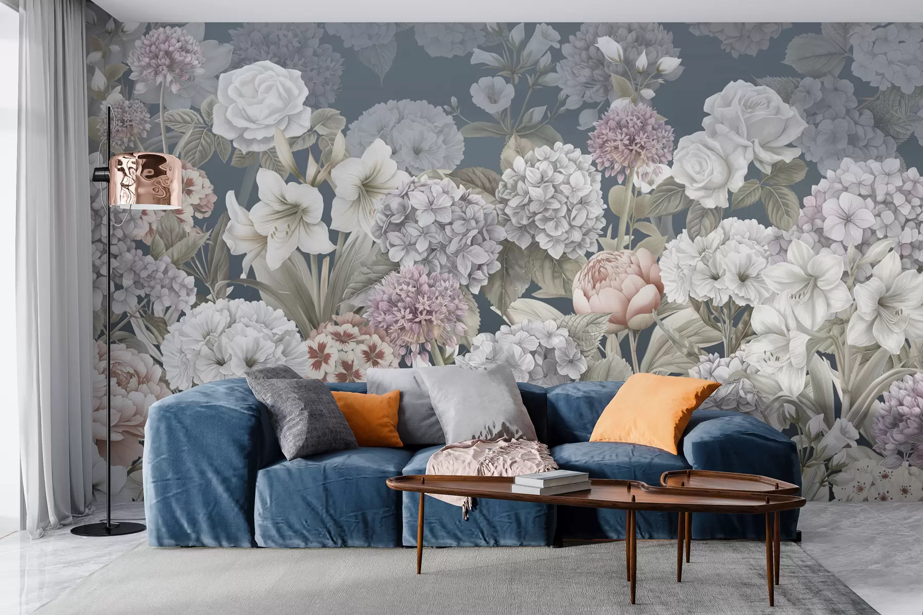 murales de pared Mágico jardín de verano sobre un fondo azul w08140v1