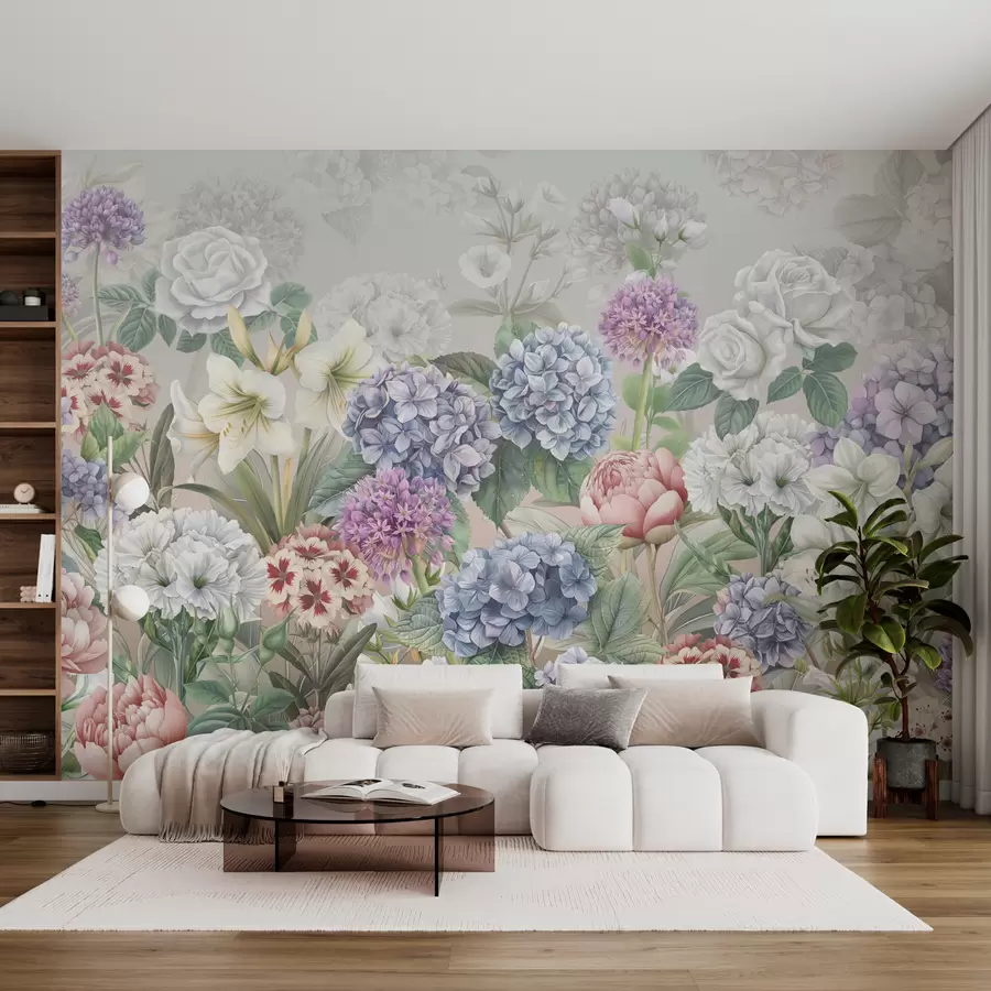 Murales de pared Mágico jardín de verano con flores en colores pastel. w08140v3 murales de pared Mágico jardín de verano con flores en colores pastel. w08140v3