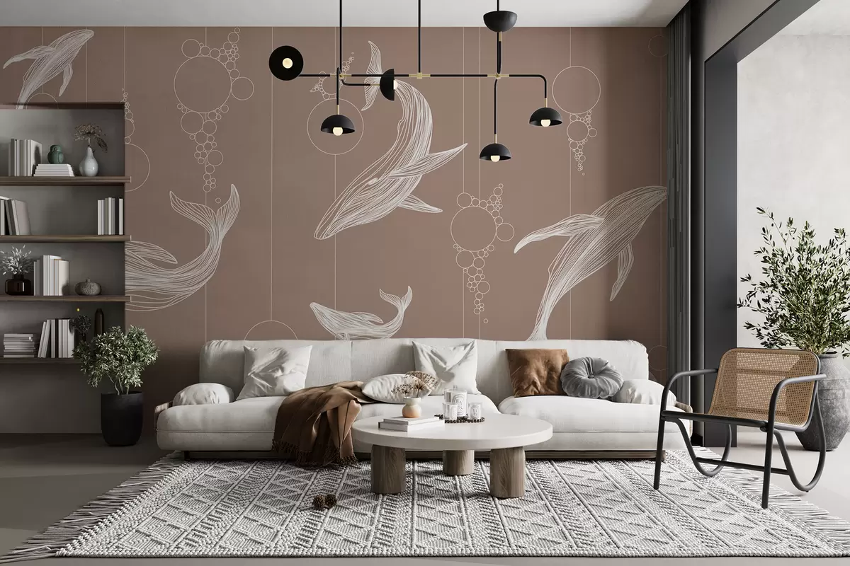 murales de pared Ballenas y amianto sobre fondo beige. w08074