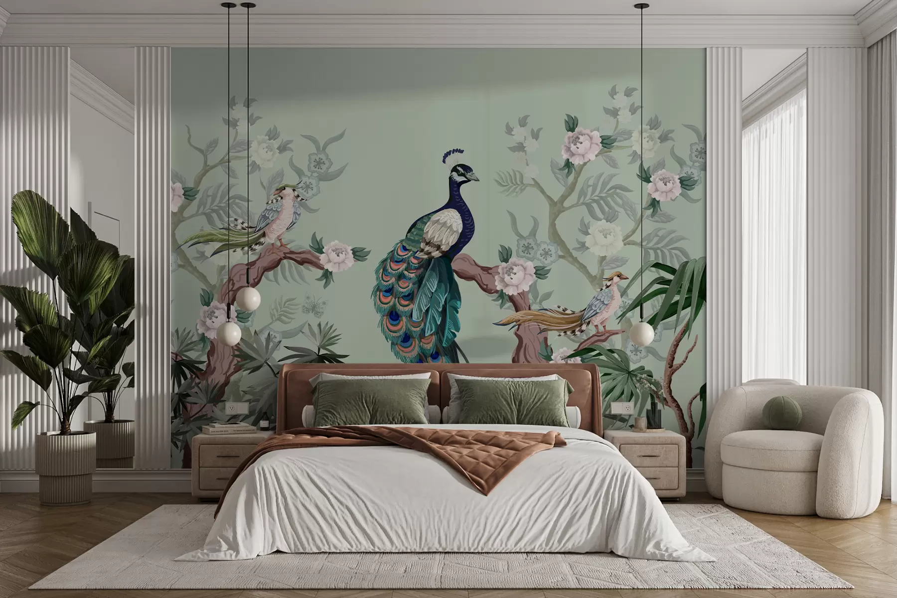murales de pared pavo real en un árbol, fondo verde w08168v1
