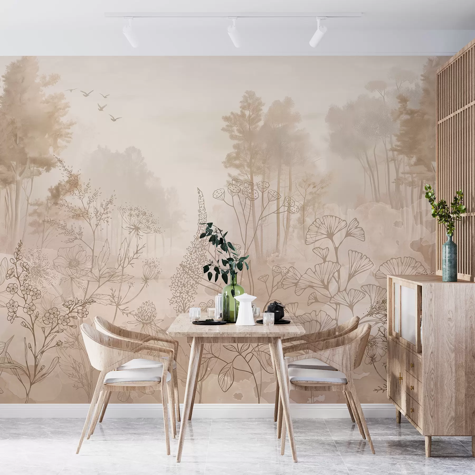 murales de pared Paisaje forestal con flores silvestres, arte lineal, realismo, árboles, naturaleza, paleta de colores beige w08142