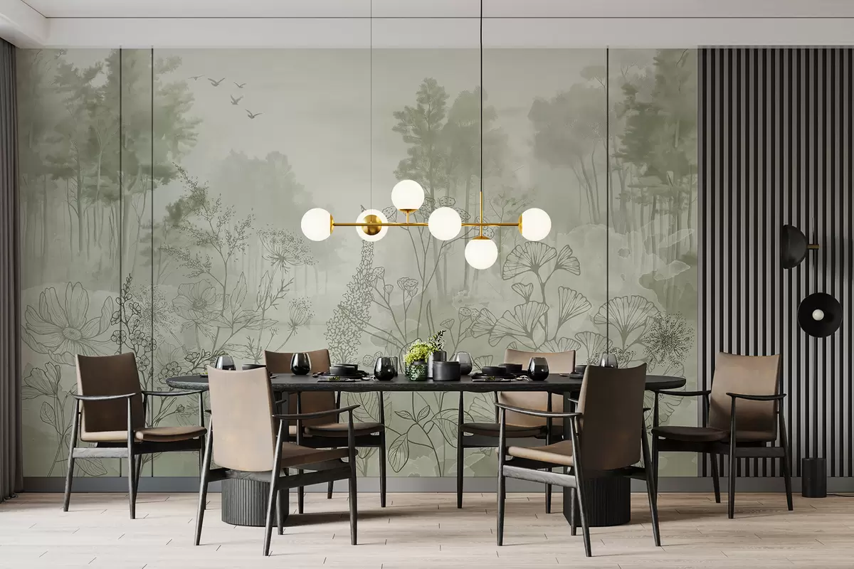 Murales de pared Paisaje forestal con flores silvestres, arte lineal, realismo, árboles, naturaleza, paleta de colores verdes w08142v1 murales de pared Paisaje forestal con flores silvestres, arte lineal, realismo, árboles, naturaleza, paleta de colores verdes w08142v1