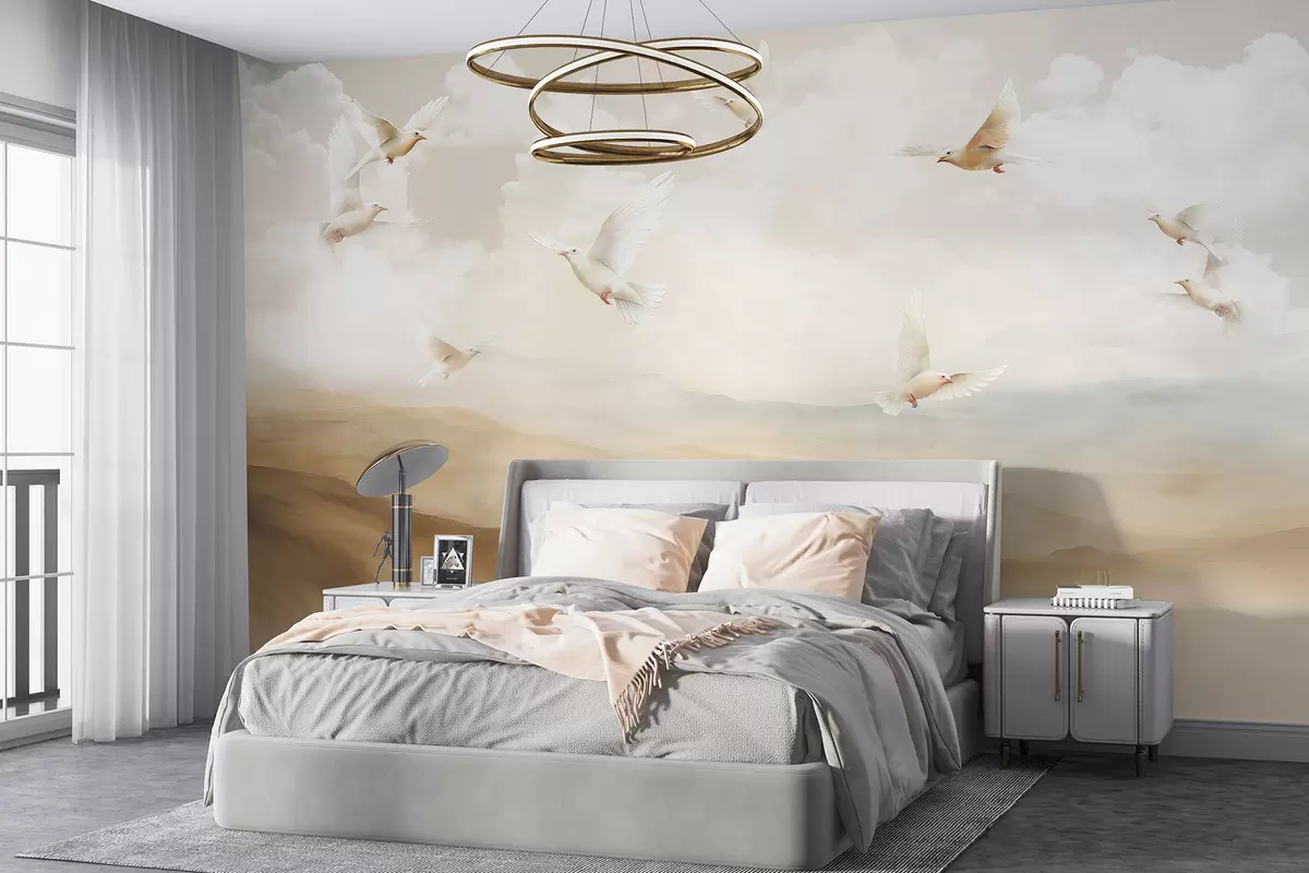 murales de pared Pájaros volando en el cielo con nubes, paisaje natural, dibujo acrílico, colores beige pastel w08143