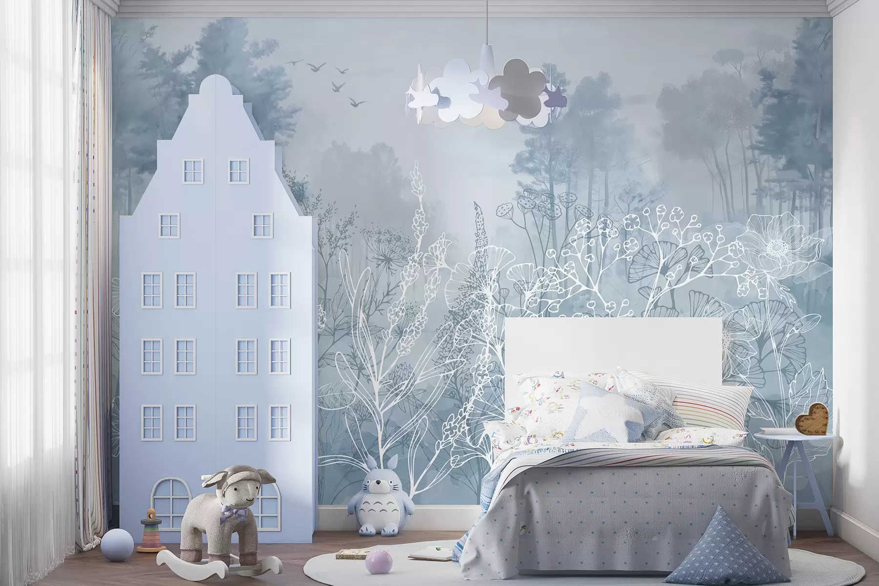 murales de pared Flores de dibujo lineal, paisaje forestal, naturaleza, realismo, paleta de colores azules w08144v1