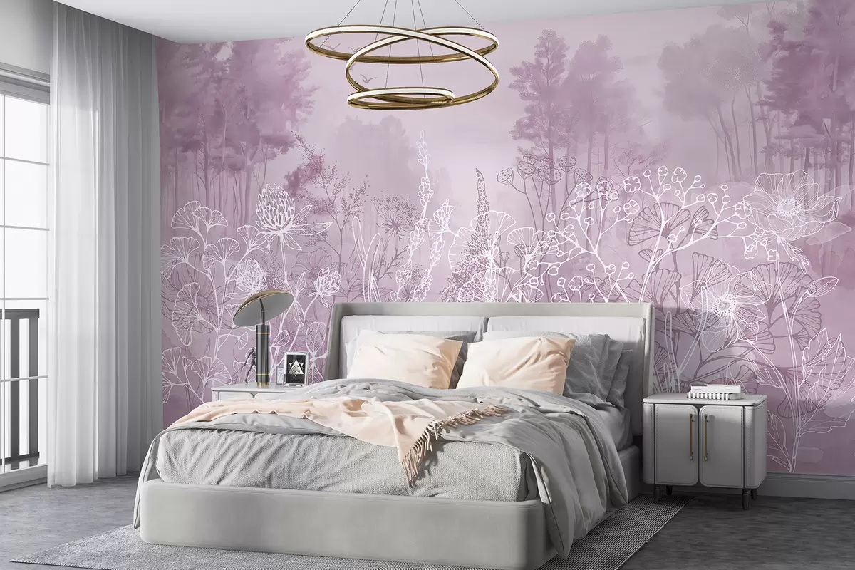 murales de pared Flores de dibujo lineal, paisaje forestal, naturaleza, realismo, paleta de colores rosas w08144v3