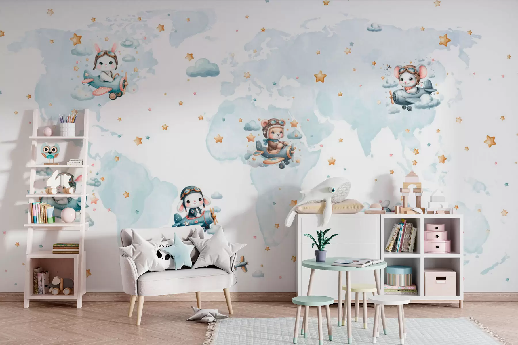 murales de pared Mapa mundial y animales bebés al estilo escandinavo. w08171