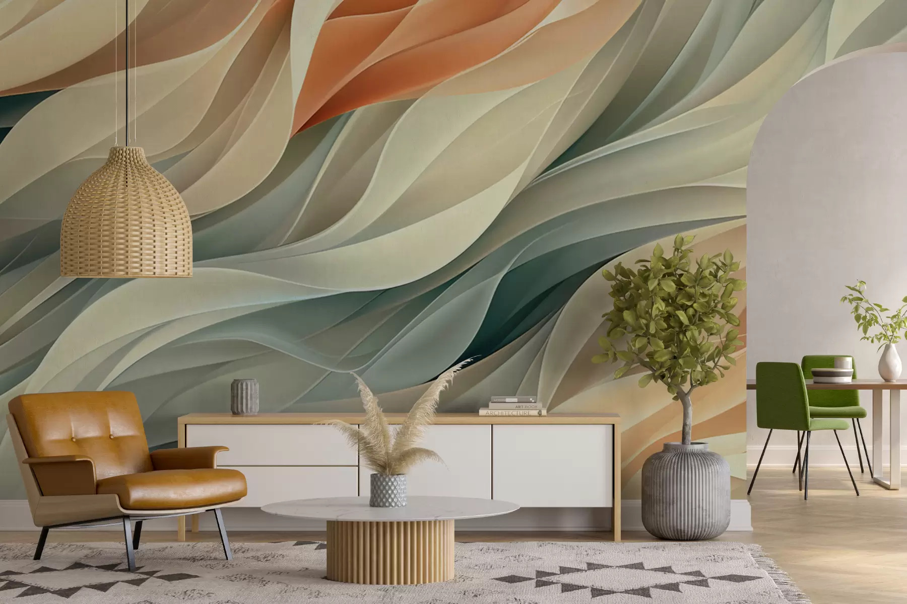 murales de pared Fascinante diseño abstracto con suaves ondas pastel en colores cálidos. w01335v1