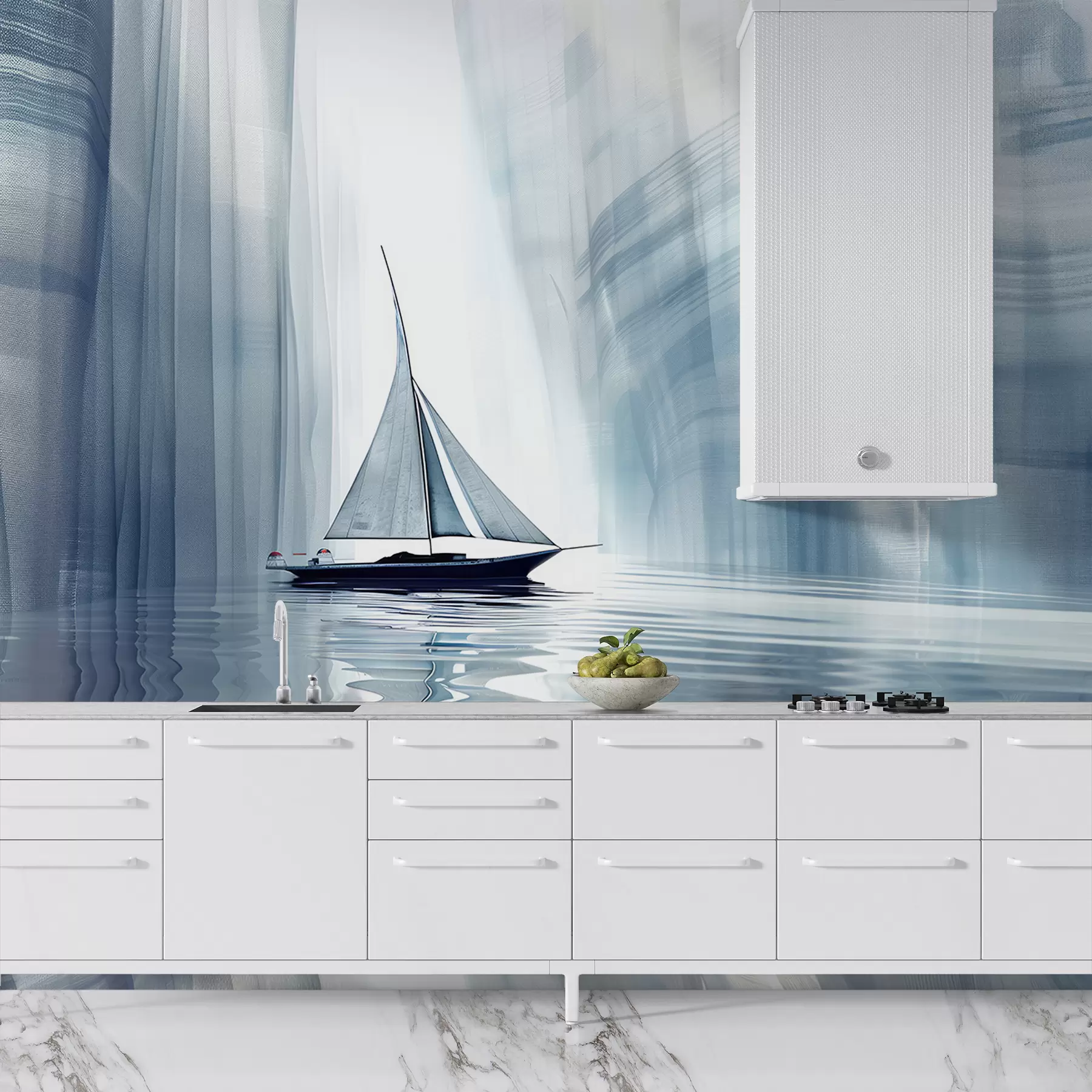 Murales de pared Barco en el agua en estilo futurista con colores azules. w01338 murales de pared Barco en el agua en estilo futurista con colores azules. w01338